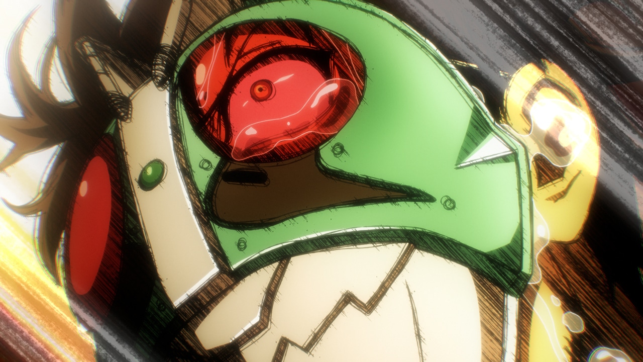 TVアニメ「東島丹三郎は仮面ライダーになりたい」第1弾PVの場面カット。