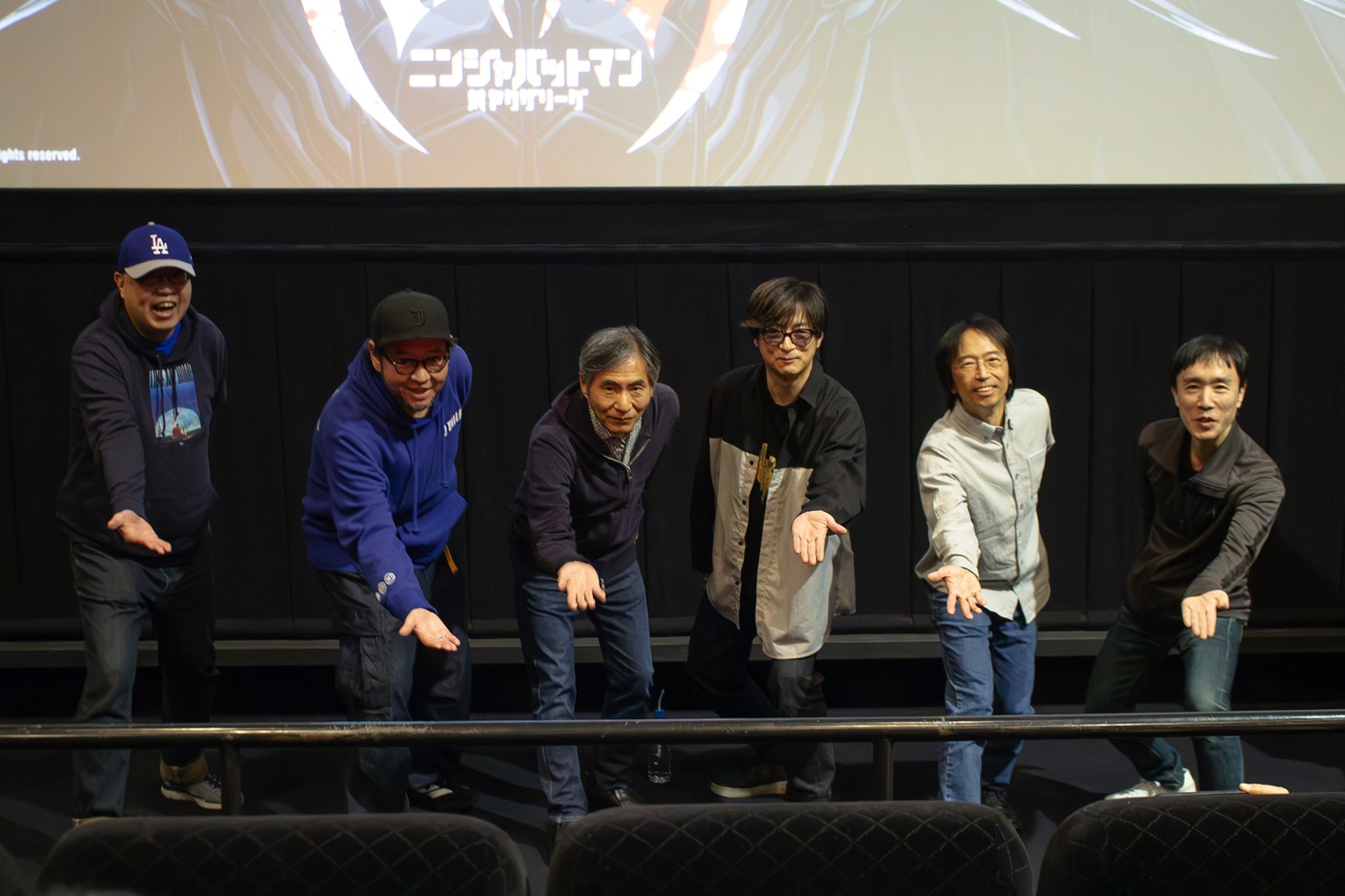 アニメ「ニンジャバットマン対ヤクザリーグ」トークショー付き上映イベントの様子。左から堺三保、岡崎能士、中島かずき、水崎淳平、高木真司、里見哲朗