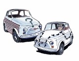 大塚康生が、愛車フィアット500（ヌオーヴァ・チンクエチェント）に乗る自身を描いたイラスト
