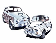 大塚康生が、愛車フィアット500（ヌオーヴァ・チンクエチェント）に乗る自身を描いたイラスト