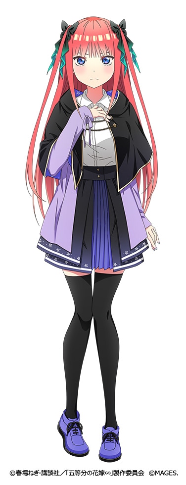 中野二乃（CV：竹達彩奈）。五つ子の次女。強気な性格で、風太郎を家庭教師と認めずよくぶつかることに。抜群の女子力で料理が得意、中野家の炊事を担当。得意属性は火