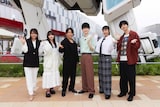 特番「ガンダムがつなぐ宇宙と未来in 大阪・関西万博『GUNDAM NEXT FUTURE PAVILION』徹底解剖SP」の出演者。左から藤井由依アナウンサー、与田祐希、西川貴教、本郷奏多、山之内すず、戸塚有輝 (c)創通・サンライズ