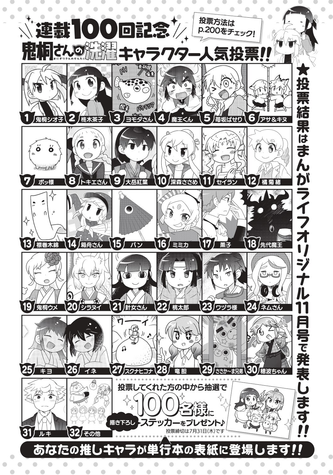 「鬼桐さんの洗濯」連載100回記念の人気投票、あなたの推しキャラが8巻表紙に
