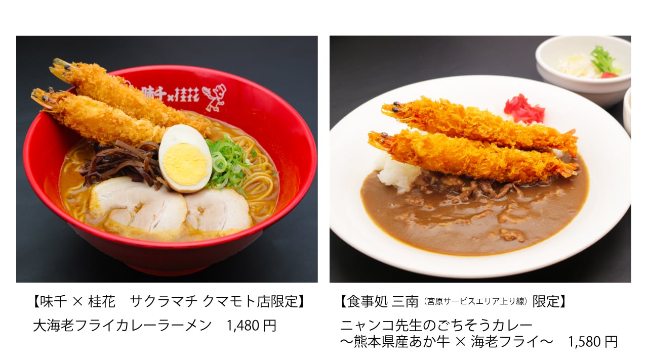 左から「大海老フライカレーラーメン（締めのミニライス付）」、「ニャンコ先生のごちそうカレー～熊本県産あか牛×海老フライ～」