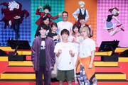 前段左から内山昂輝、山下大輝、岡本信彦。中段左から福圓美里、佐倉綾音。上段左から下野紘、三宅健太、梶裕貴