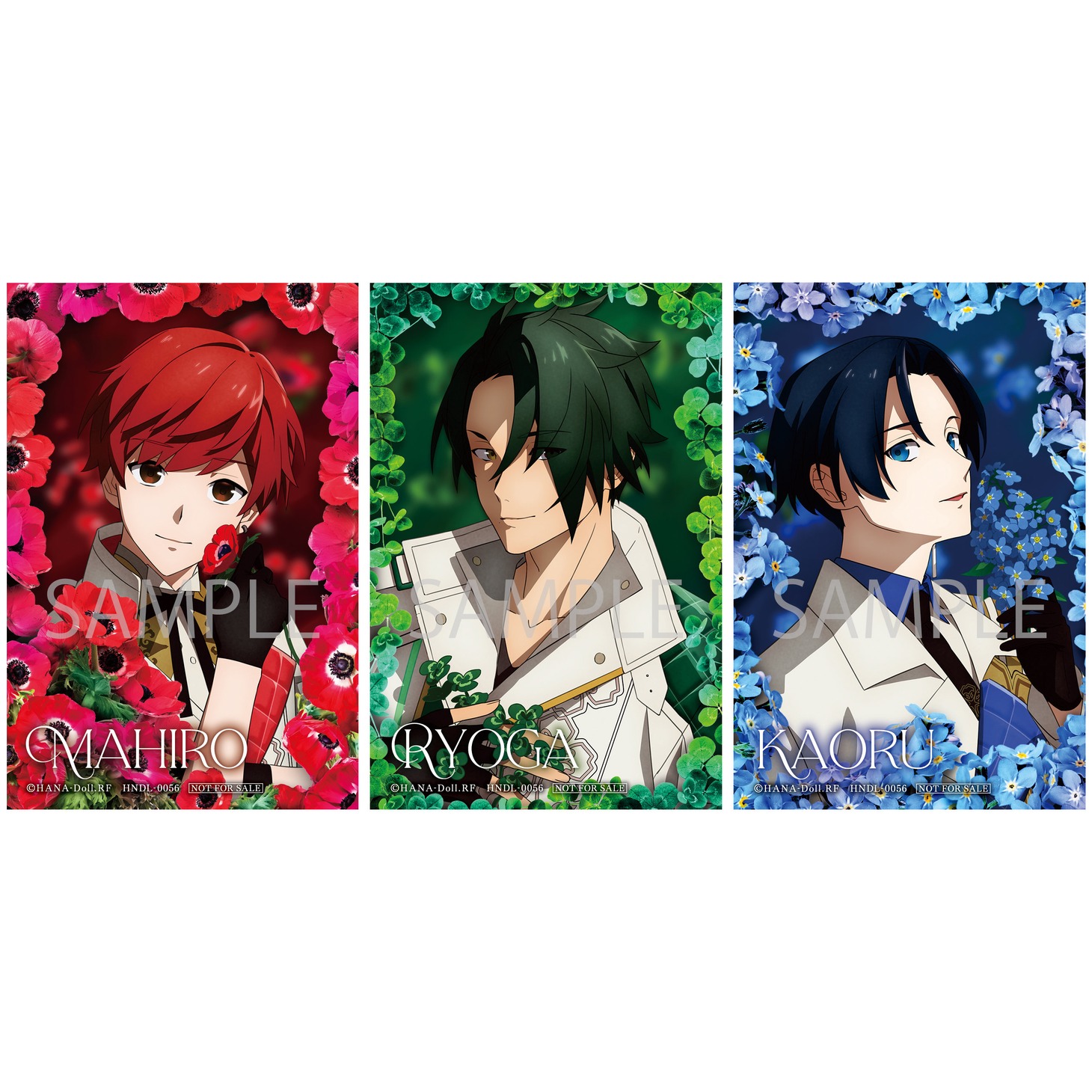 Blu-ray「華Doll* -Reinterpretation of Flowering-」上巻豪華版限定特典の「描き下ろしジャケットイラスト使用
ビジュアルカード3枚セット（眞紘、凌駕、薫）」