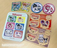 ホログラムステッカー（左上）、缶バッチ（右上）、ブリューム缶小物入れ（左下）、ゆらゆらアクリルスタンド（右下）