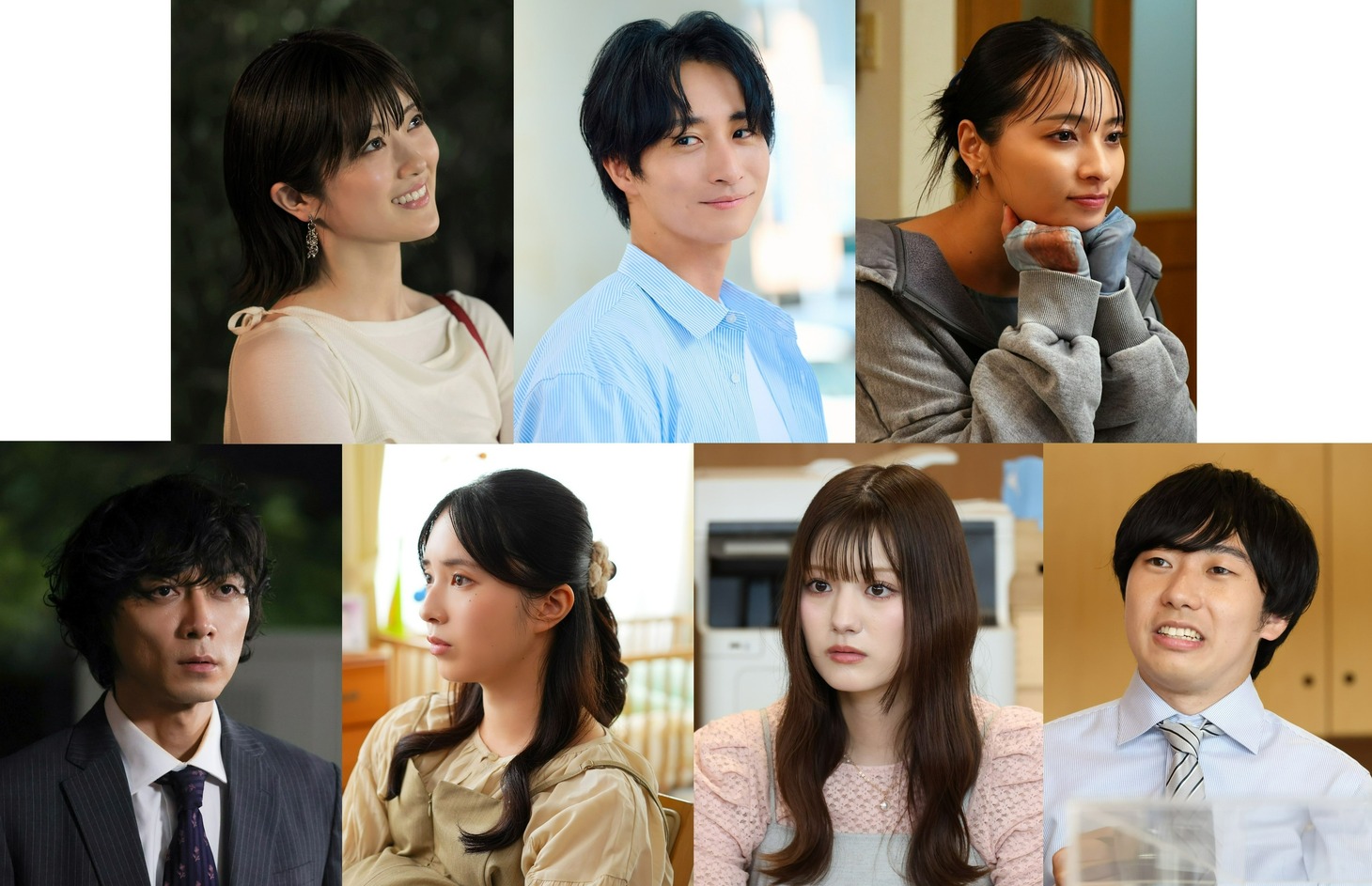 上段左から樋口日奈、古屋呂敏、水崎綾女、下段左から渋谷謙人、大原梓、鶴嶋乃愛、上原佑太