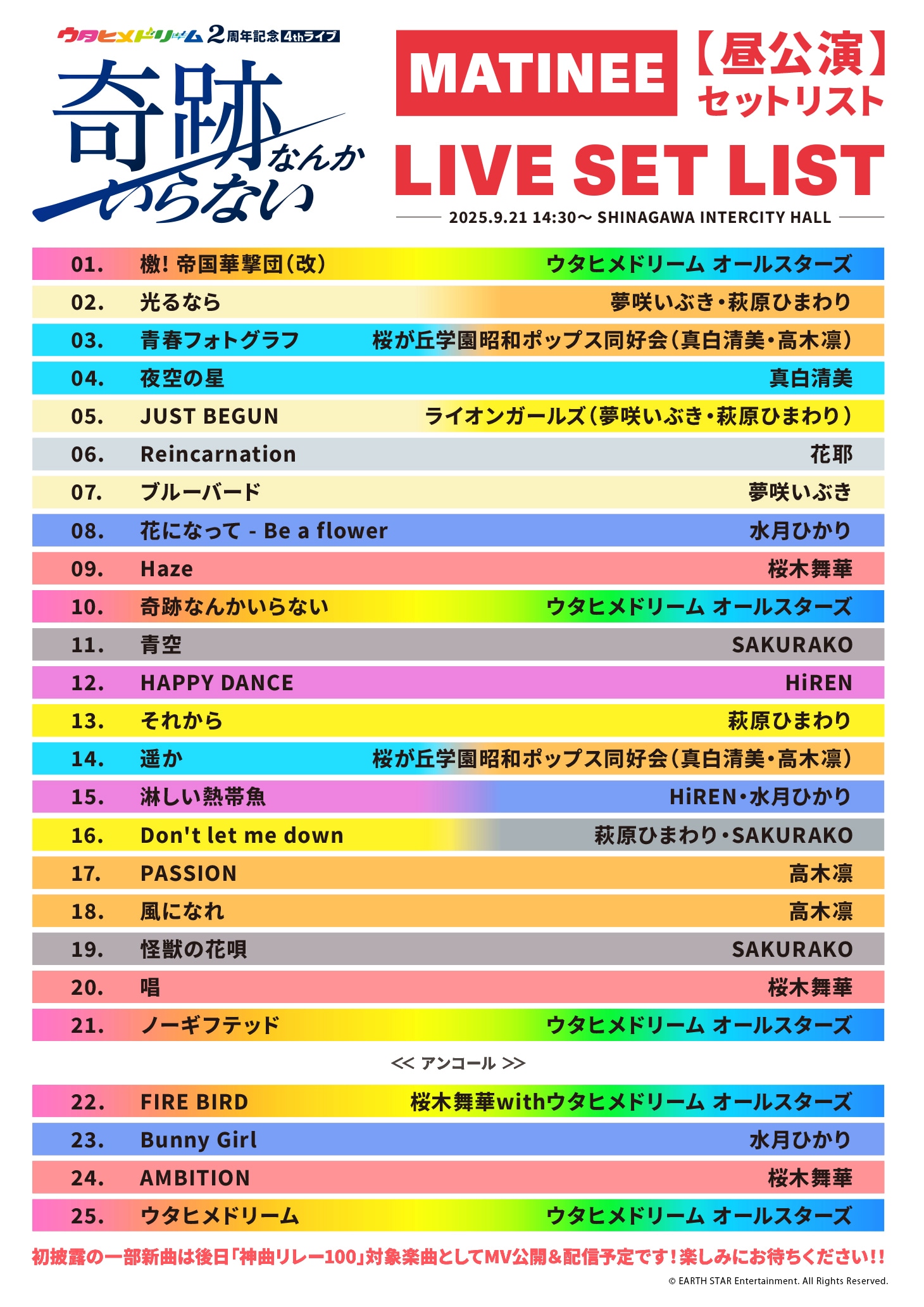 「『ウタヒメドリーム』2周年記念4thライブ ～奇跡なんかいらない～」昼公演セットリスト