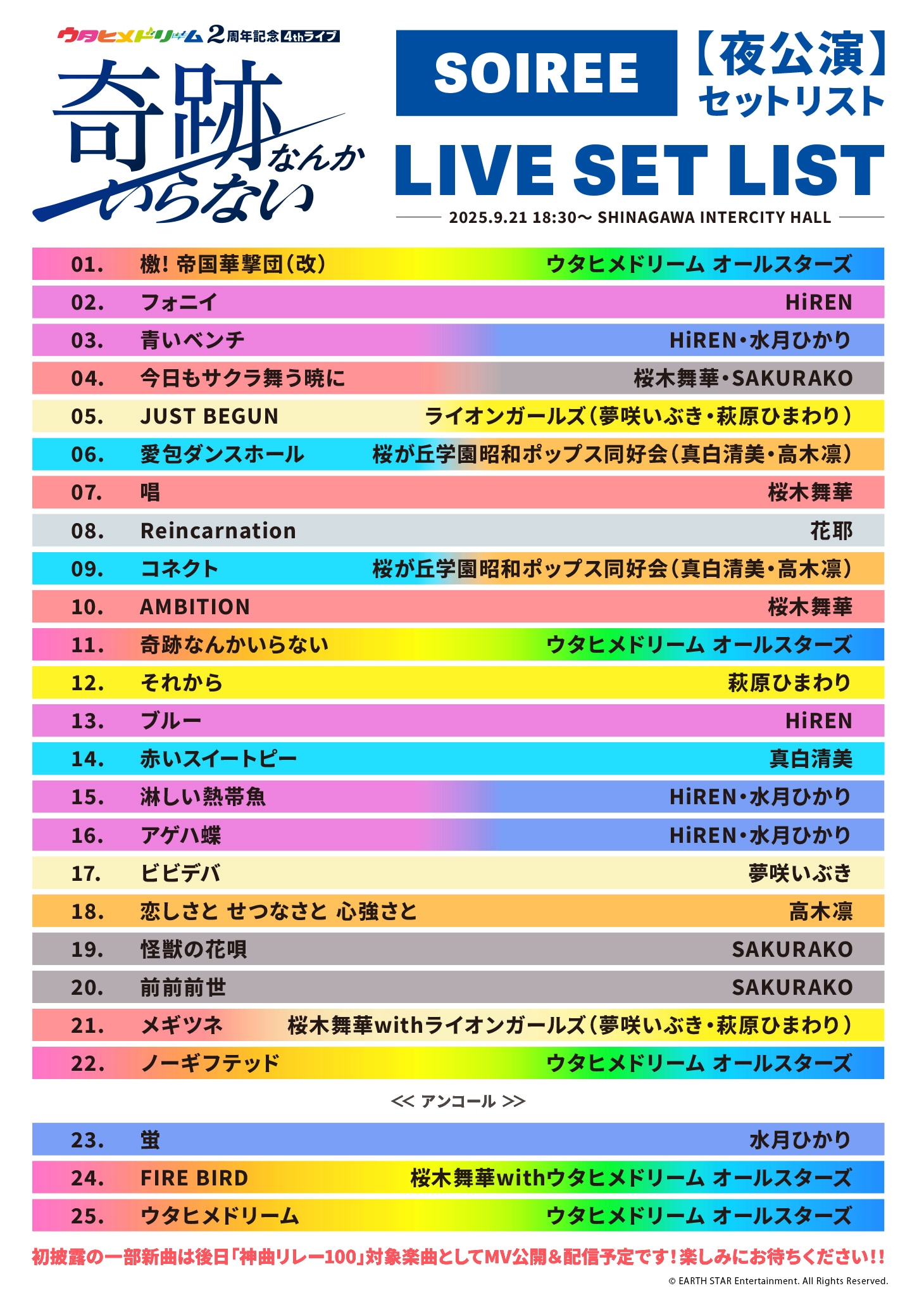 「『ウタヒメドリーム』2周年記念4thライブ ～奇跡なんかいらない～」夜公演セットリスト