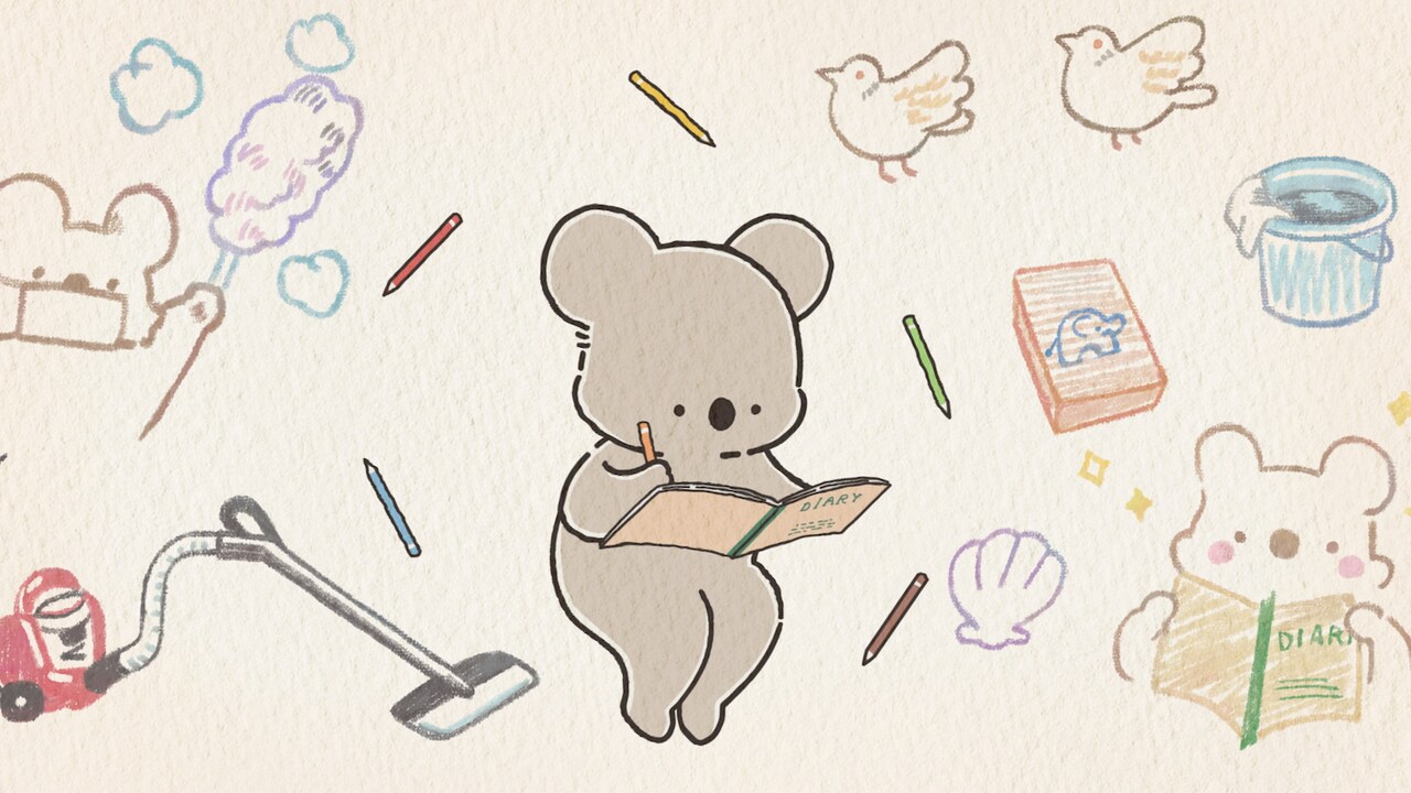 「コアラ絵日記」第1話「絵日記のはじまり」先行カット、コアラさんが何かを思いつく