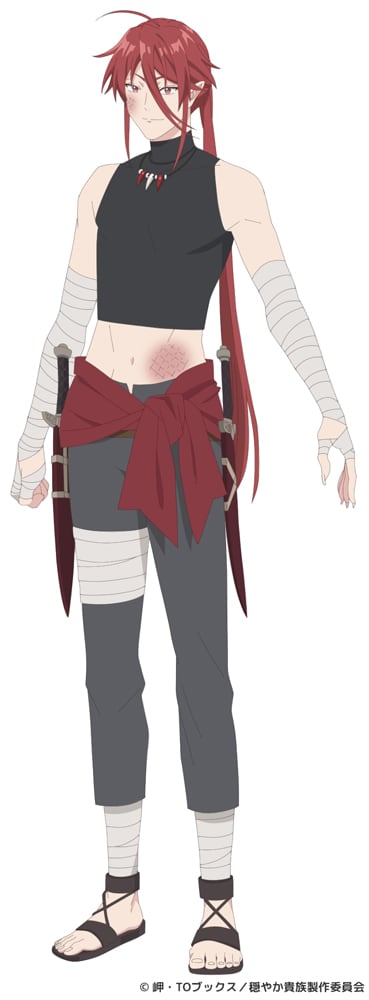 イレヴン（CV：柿原徹也）
赤い長髪が人目を引く蛇の獣人。ソロで冒険者をしている。愛嬌のある笑顔を浮かべているが、見た目に反して性格は非常に好戦的で乱暴。蛇そのもののようなしなやかさとスピードを持ち、武器の扱いに長けている。
(c) 岬・TOブックス／穏やか貴族製作委員会