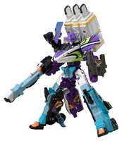 「プラレール 『ヱヴァンゲリヲン新劇場版：序』 ネルフ専用鉄道下二小山支線 『ヤシマ作戦』 DD51形＆シキ880形（B2梁）大物車」に付属する「屋外型275kv超高圧通常変圧器」を、「シンカリオンCW シンカリオン 500 TYPE EVA ポジトロンフォーム」と組み合わせた図  (c)ＴＯＭＹ (c)プロジェクト シンカリオン・ JR-HECWK/ERDA ・ TX  (c)カラー