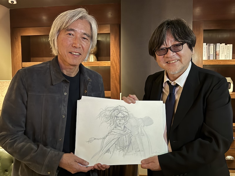 「果てしなきスカーレット」の「Animation is Film Festival」プレミア上映の様子。左からジン・キム、細田守