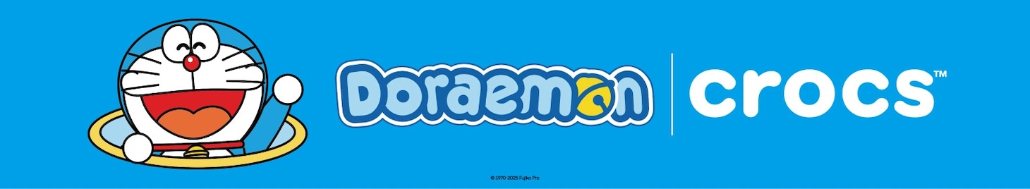 アニメ「ドラえもん」とクロックスコラボアイテム告知画像