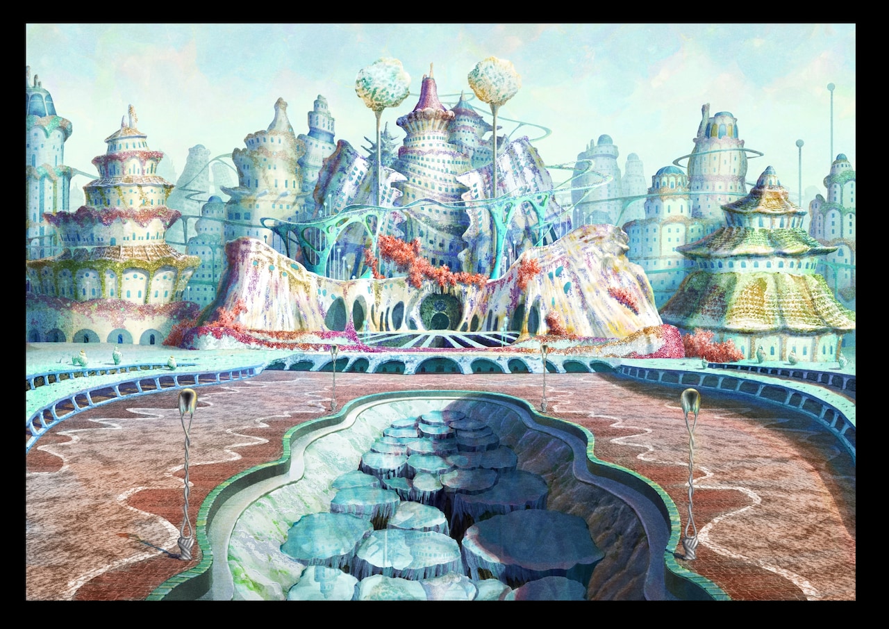 映画ドラえもん 新・のび太の海底鬼岩城」の美術設定画。海底都市