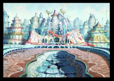 「映画ドラえもん 新・のび太の海底鬼岩城」の美術設定画。海底都市・ムー連邦に佇む宮殿が描かれている。