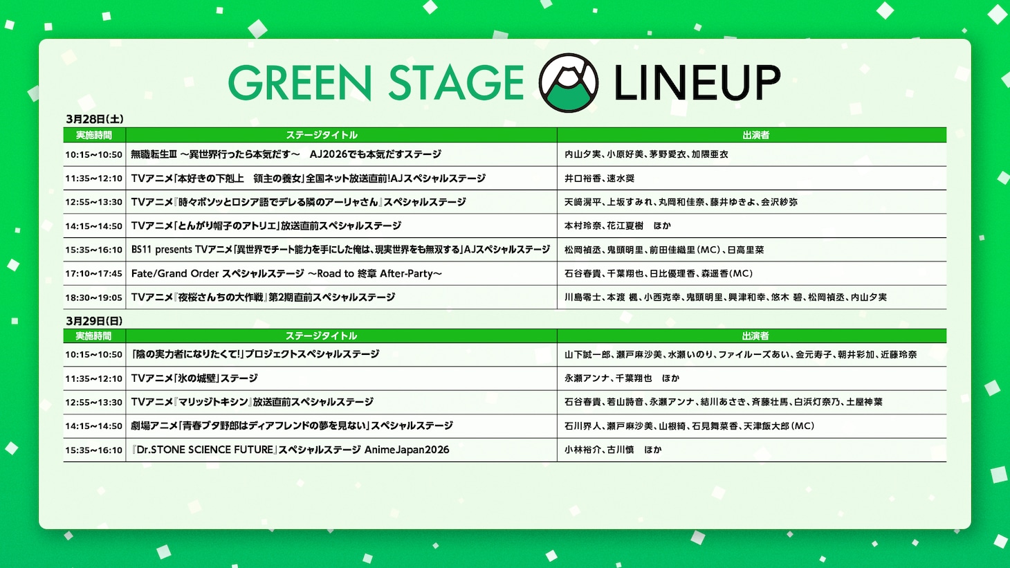 GREEN STAGEのラインナップ