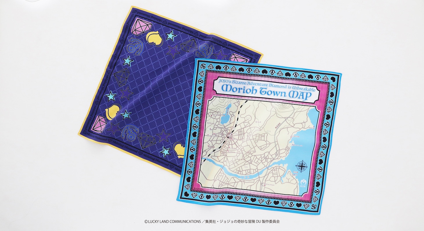 「ジョジョ」4部　杜王町の地図デザインしたハンカチ、露伴のタオルハンカチも