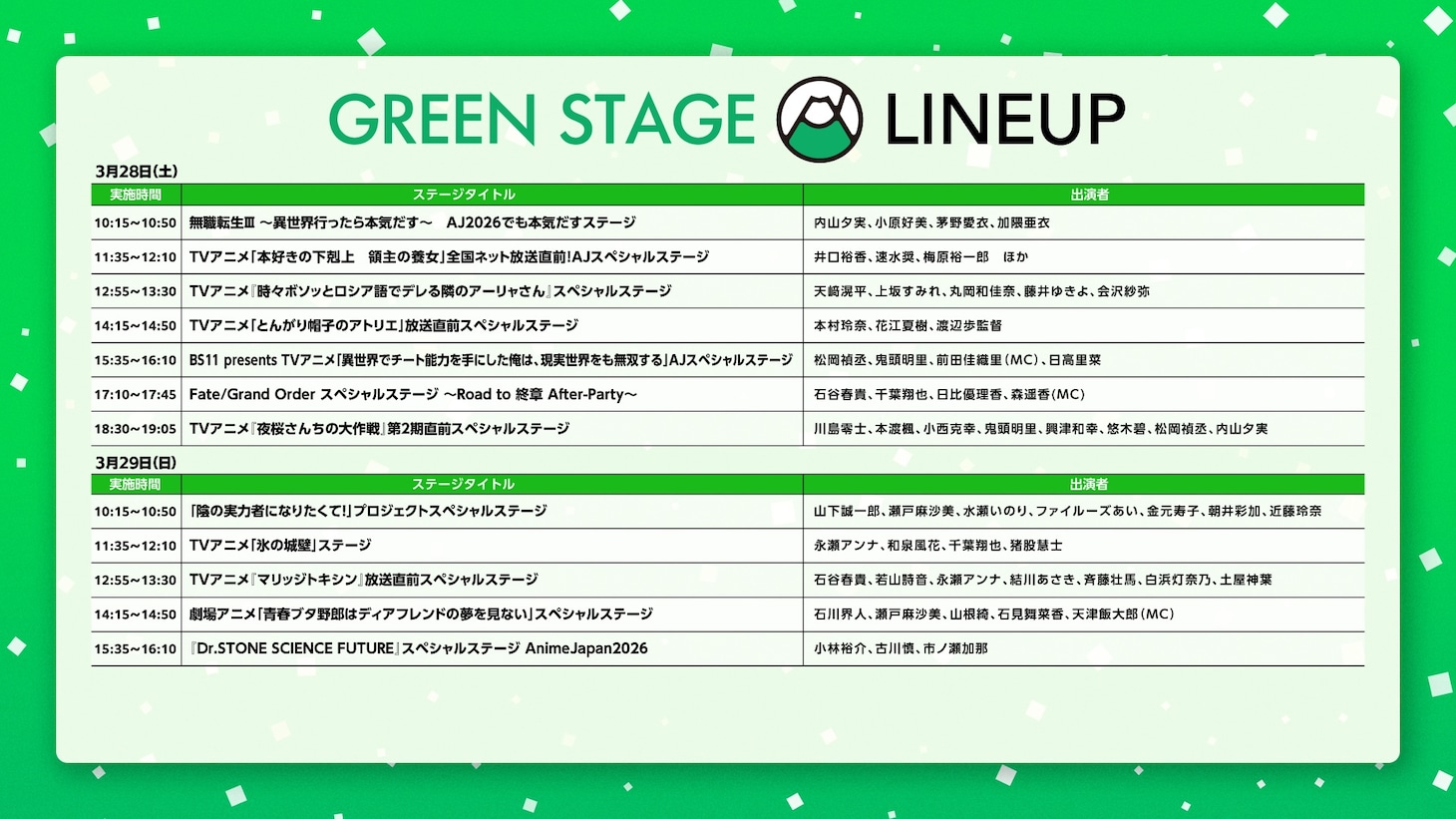 GREEN STAGEのラインナップ
