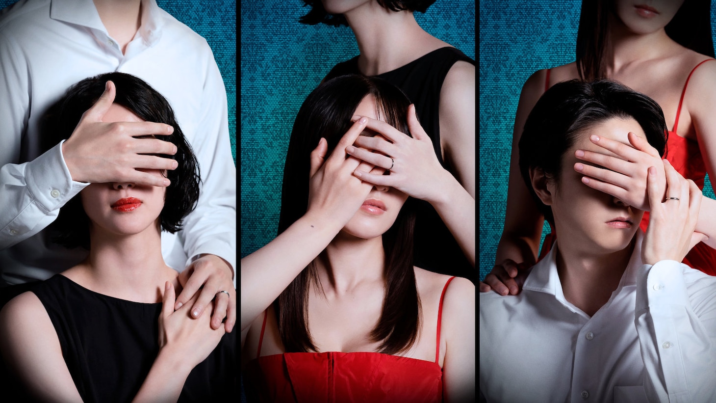 左から神栖怜役、小吹蓉子役、神栖史幸役のキャスト