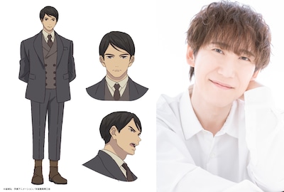鱒淵伊蔵のキャラクタービジュアル（左）と、キャストの平川大輔 (c)結城弘・京都アニメーション／明滋電氣商工会