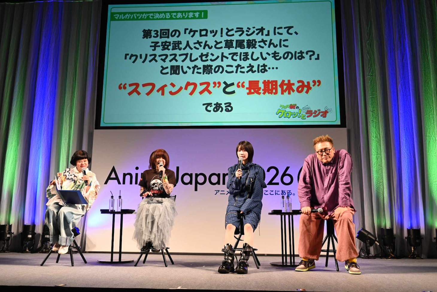 左から小桜エツコ、渡辺久美子、あの、福田雄一総監督。◯×クイズコーナー「マルかバツかで決めるであります！」第2問目の様子