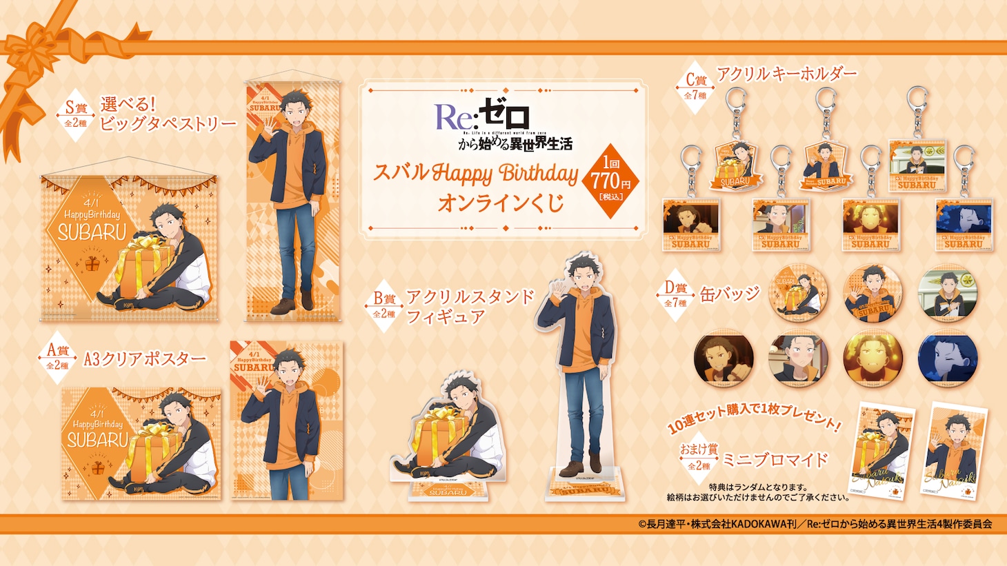 スバルの誕生日を記念して販売されるオンラインくじで当たるグッズ