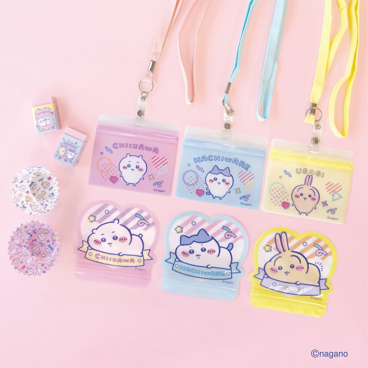 100円ショップのDAISOで販売される「ちいかわ」デザインの消しゴム、お弁当カップ、ストラップ付き名札、ダイカットフィルムチャック袋