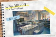 「WASTED CHEF（仮）」の新たに公開された美術ボード。大きな作業台やグリドル、数々の調理器具や調味料が並ぶキッチンが描かれている