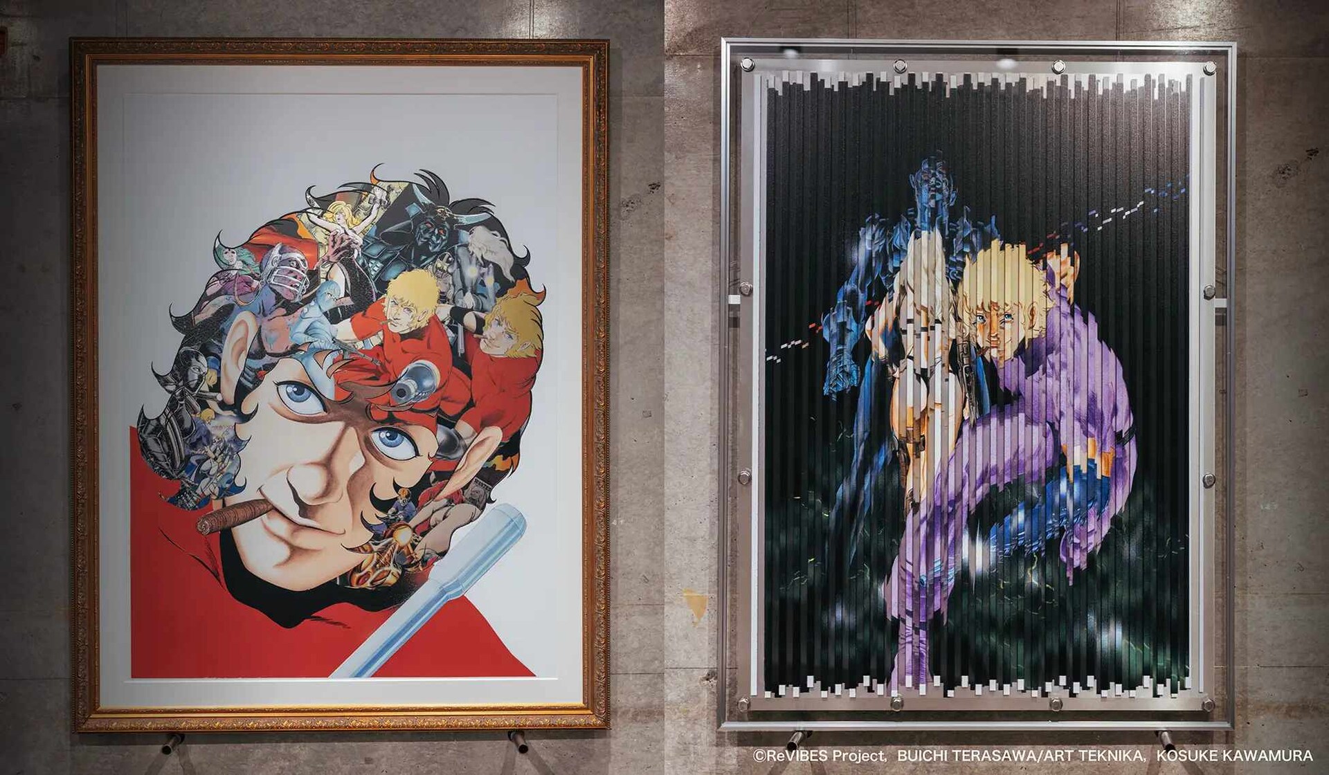 左が「COBRA」と河村康輔のコラージュアート、右がシュレッダーアート