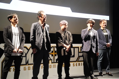 左から里見哲朗氏、井上敏樹、曹毅監督、寺島拓篤、田中宏明氏