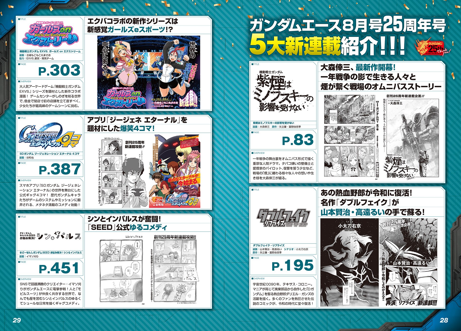 月刊ガンダムエース8月号で開始した5大新連載の紹介ページ [画像