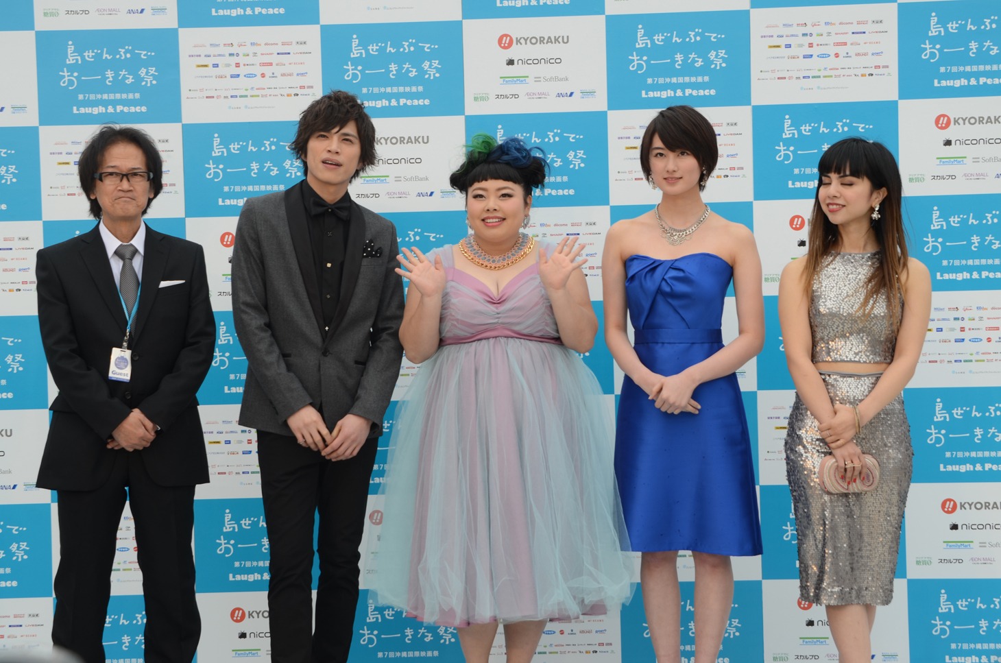 「五つ星ツーリスト THE MOVIE～究極の京都旅、ご案内します!!」より、島崎敏樹監督、山本裕典、渡辺直美、高月彩良、ロバータ。