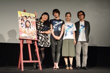 「五つ星ツーリスト THE MOVIE～究極の京都旅、ご案内します!!～」舞台挨拶の様子。左から、渡辺直美、高月彩良、ロバータ、島崎敏樹監督。
