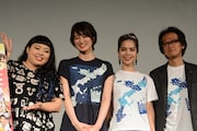 「五つ星ツーリスト THE MOVIE~究極の京都旅、ご案内します!!~」舞台挨拶の様子。左から、渡辺直美、高月彩良、ロバータ、島崎敏樹監督。
