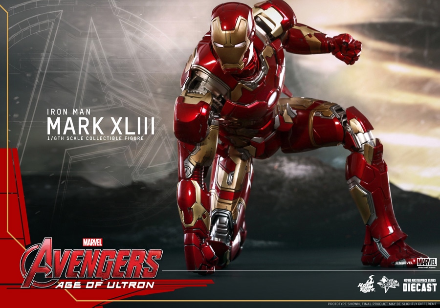 「アベンジャーズ／エイジ・オブ・ウルトロン」1/6スケールフィギュア アイアンマン・マーク43（2015年8月発売予定）4万5000円 (c)2015 Marvel. All Rights Reserved.Limited Edition Collectible FigurePrototype shown, final product appearance and colors may vary.For sale in Japan only.