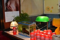 喫茶シーホース店内カウンターの様子。TENGAやきわどいカレンダーが並ぶ。