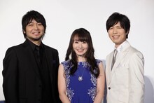 「ハンガー・ゲーム FINAL：レジスタンス」初日舞台挨拶にて左から中村悠一、水樹奈々、神谷浩史。