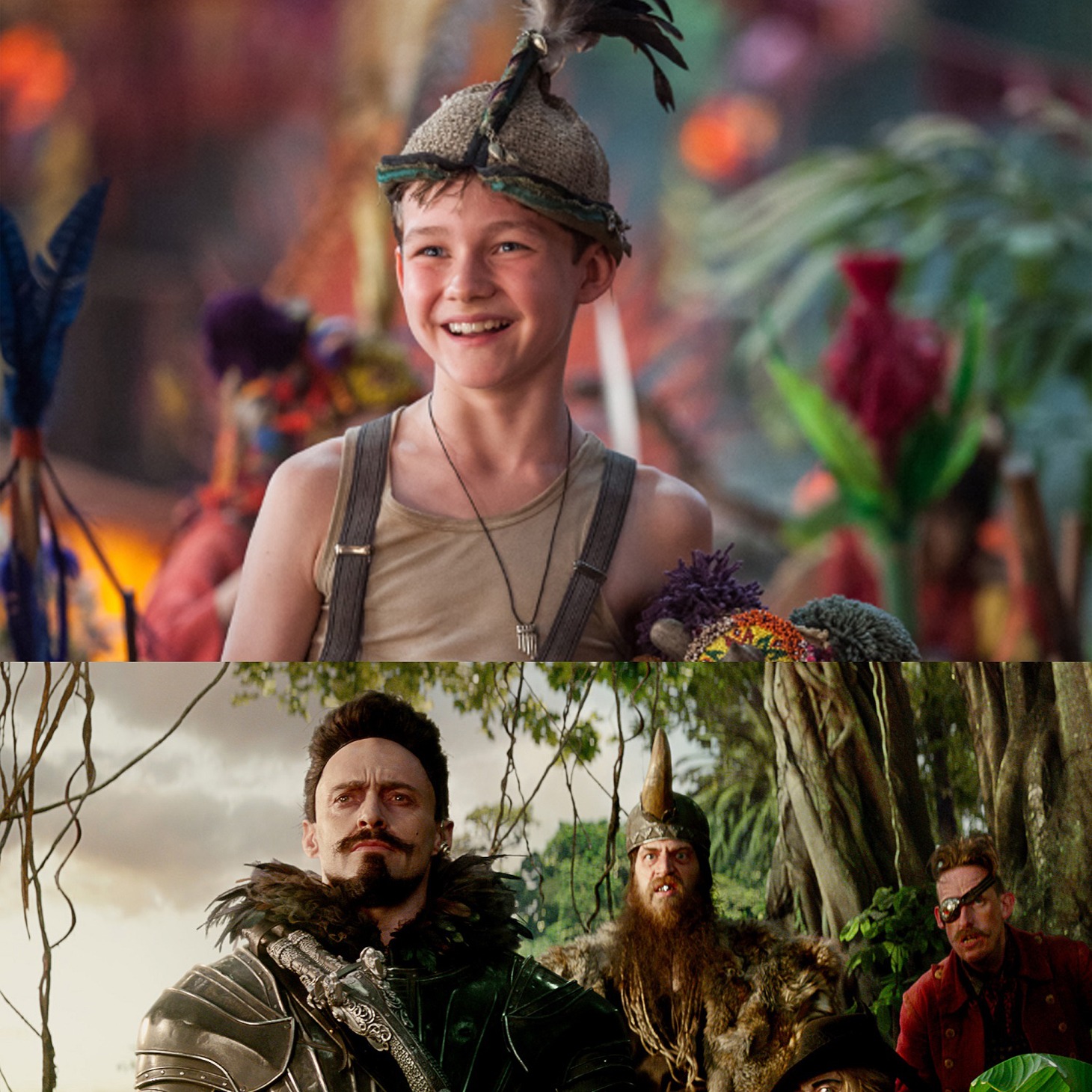 「PAN ～ネバーランド、夢のはじまり～」より、上段がピーター役のリーヴァイ・ミラー、下段が黒ひげ役のヒュー・ジャックマン。(c)2015 WARNER BROS. ENTERTAINMENT INC. AND RATPAC-DUNE ENTERTAINMENT LLC