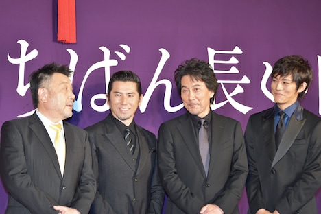 「日本のいちばん長い日」完成披露にて、左から原田眞人、本木雅弘、役所広司、松坂桃李。