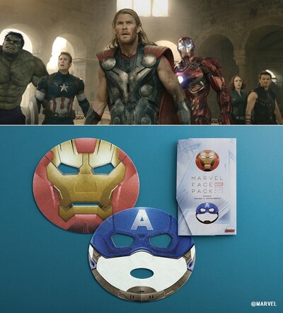 「アベンジャーズ／エイジ・オブ・ウルトロン」のワンシーンと、アイアンマン、キャプテン・アメリカをデザインしたマーベル・フェイスパック。(c)Marvel 2015