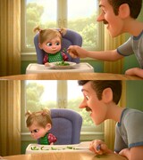 「インサイド・ヘッド」オリジナル版および字幕スーパー版でブロッコリーを嫌がるライリー(上)、日本語吹替版でピーマンを嫌がるライリー(下)。(c)2015 Disney/Pixar. All Rights Reserved.