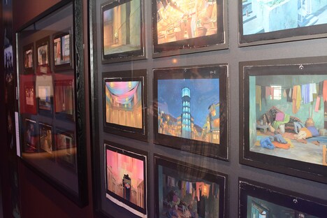 「バケモノの子」の背景美術が展示された一角。