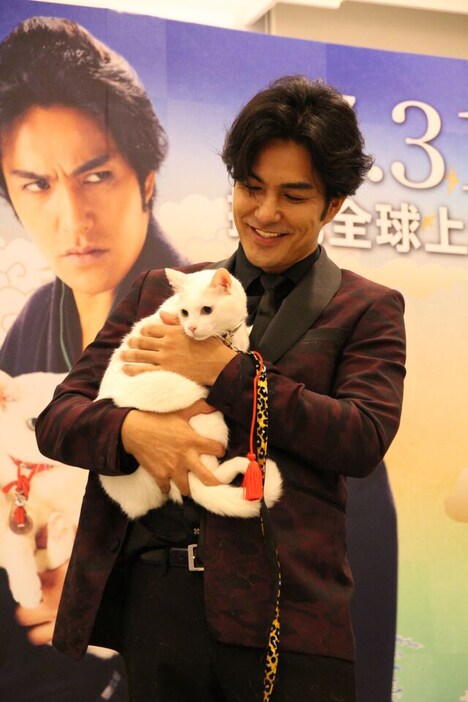 「猫侍 南の島へ行く」台湾プレミアイベントで、現地の白猫シャドウちゃんを抱く北村一輝。(c)2015「続・猫侍」製作委員会