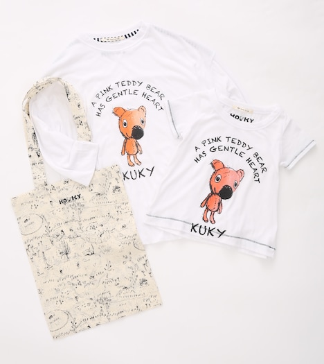 pual ce cin 「クーキー」コラボグッズ。左から購入特典のトートバッグ、Tシャツ大人用（3900円）、子供用（2900円）。