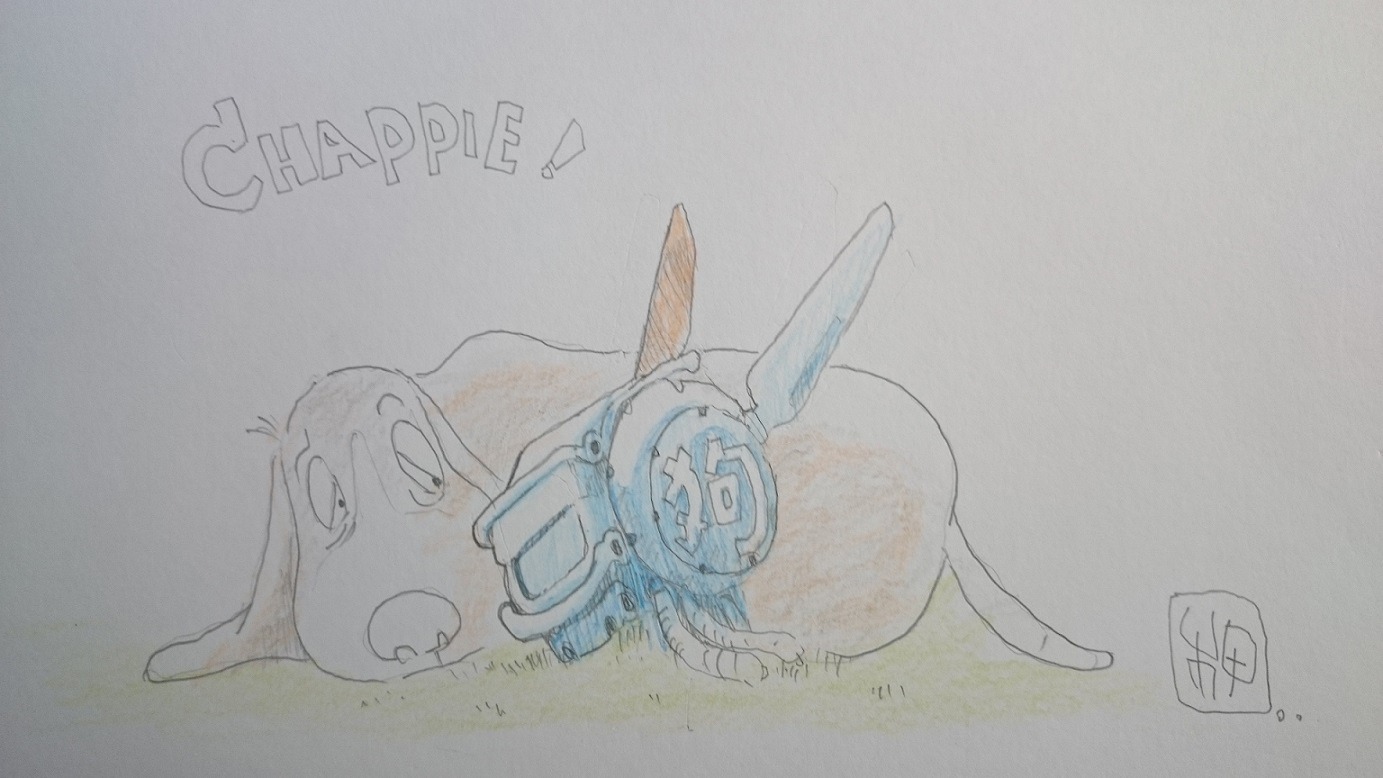 押井守の「チャッピー」描き下ろしイラスト。(c)2015 Columbia Pictures Industries, Inc., LSC Film Corporation andMRC II Distribution Company L.P. All Rights Reserved.