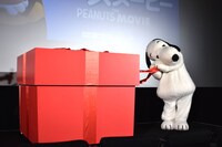 誕生日プレゼントを開ける寸前のスヌーピー。