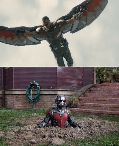 「アントマン」よりアンソニー・マッキー演じるファルコン（上）、ポール・ラッド演じるアントマン。(c)Marvel 2015