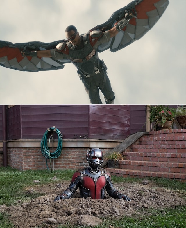「アントマン」よりアンソニー・マッキー演じるファルコン（上）、ポール・ラッド演じるアントマン。(c)Marvel 2015